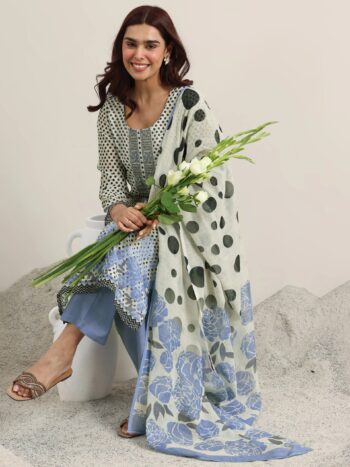 Off White Printed Linen Straight Suit With Bottom