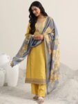 Mustard Printed Cotton Straight Suit With Bottom
