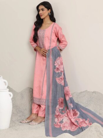 Pink Printed Cotton Straight Suit With
