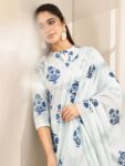 Blue Printed Cotton Straight Suit Sets