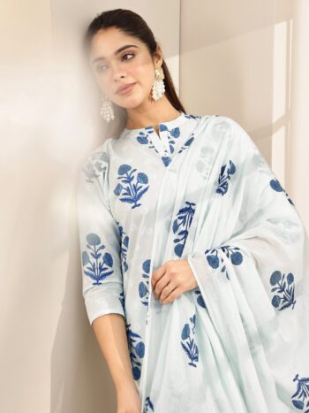 Blue Printed Cotton Straight Suit Sets