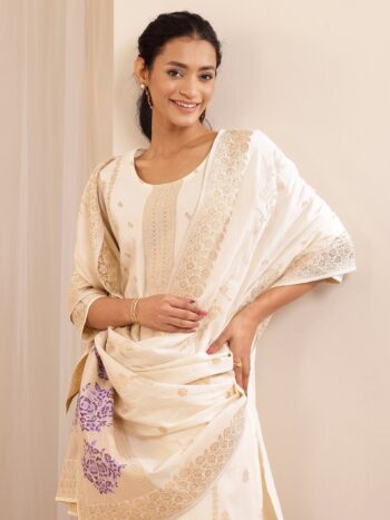 Off White Self Design Cotton Straight Suite