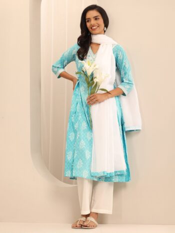Turquoise Printed Cotton A-line Suit Set