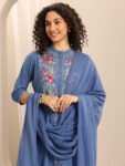 Blue Embroidered Cotton Blend Straight