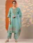 Turquoise blue Embroidered Cotton Blend