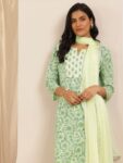 Green Printed Cotton Straight Suit Set
