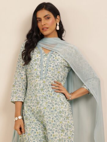 Blue Printed Cotton Straight Suit Set With Bottom