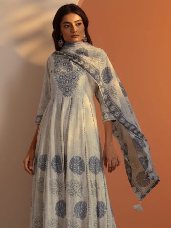 Off White Embroidered Cotton Anarkali Suite