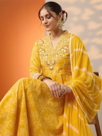 Yellow Embroidered Cotton Anarkali Suit With Dupatta