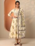 Off White Printed Cotton Anarkali Suit