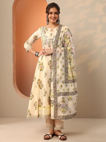 Off White Printed Cotton Anarkali Suit