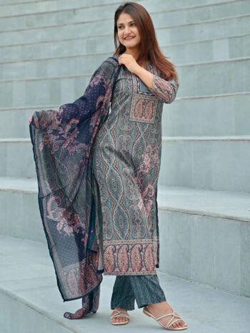 Blue Printed Crepe Straight Kurta With