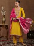 Mustard Yoke Design Silk Blend Straight