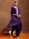 Purple Embroidered Silk Blend Straight