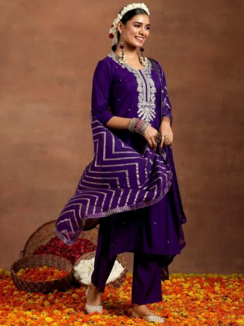 Purple Embroidered Silk Blend Straight
