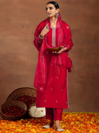 Red Embroidered Silk Blend Straight Suit