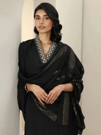Black Embroidered Silk Blend Straight Suite