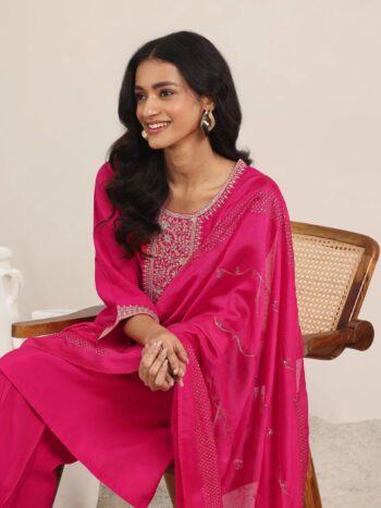 Pink Yoke Design Silk Blend Straight Suite