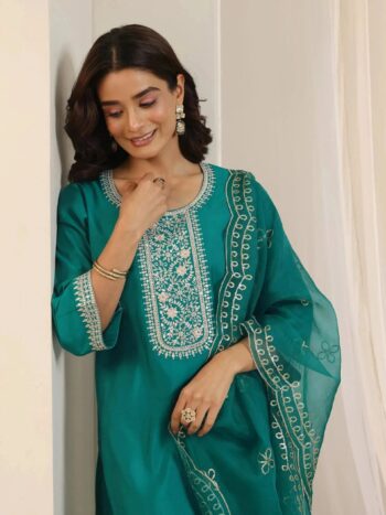 Turquoise Yoke Design Silk Blend Straight