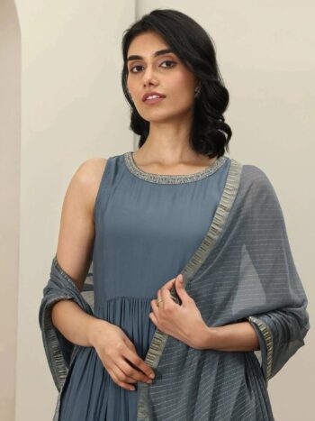 Grey Solid Silk Blend Anarkali Suit Set