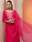 Pink Embroidered Silk Blend Straight Suite