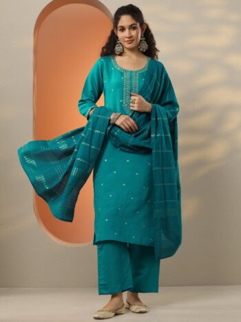 Teal Embroidered Silk Blend Straight Suite