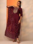Maroon Printed Silk Blend Straight Suit With Dupatta
