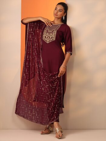 Maroon Printed Silk Blend Straight Suit With Dupatta
