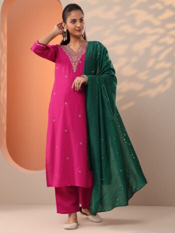 Pink Embroidered Silk Blend Straight Suite