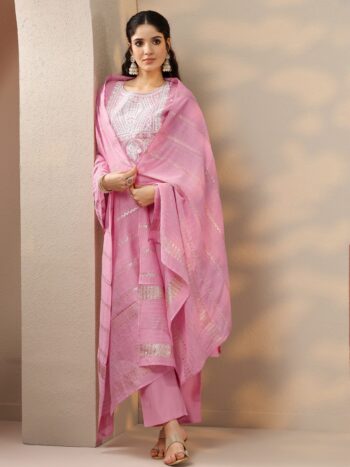 Pink Embroidered Silk Blend Straight Suite