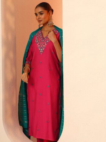 Red Embroidered Silk Blend Straight Suit