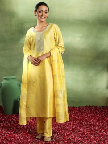 Yellow Embroidered Silk Blend Straight