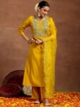 Mustard Yoke Design Silk Blend Straight