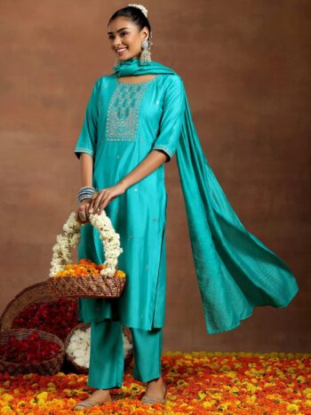 Blue Embroidered Silk Blend Straight Suite