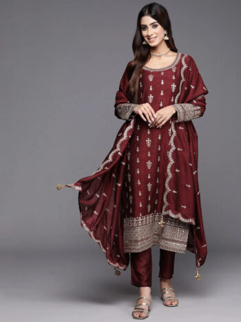Maroon Embroidered Silk Blend Pakistani