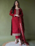 Maroon Embroidered Silk Blend Straight