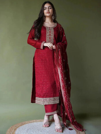 Maroon Embroidered Silk Blend Straight