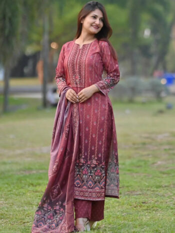 Maroon Printed Crepe Straight Kurta With Bottom