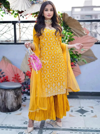 Mustard Embroidered Silk Blend Pakistani