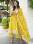 Mustard Yoke Design Cotton A-Line Kurta Set