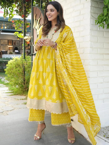 Mustard Yoke Design Cotton A-Line Kurta Set