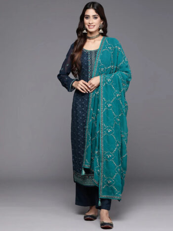 Navy Blue Embroidered Georgette Straight