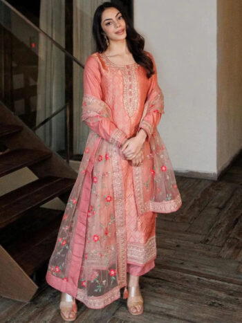 Peach Self Design Silk Blend Straight Kurti