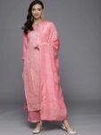 Pink Woven Design Silk Blend Straight Kurti