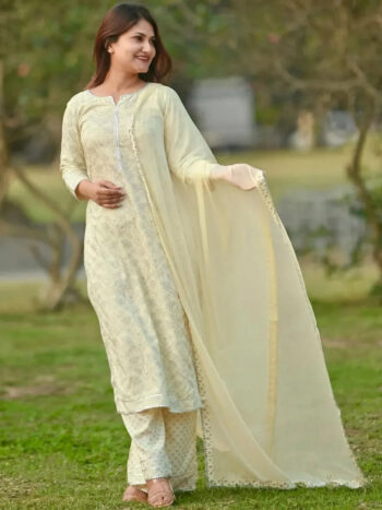 Yellow Printed Cotton Straight Kurta With Bottom