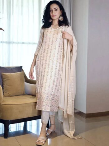 Beige Woven Design Silk Straight Kurta