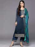 Blue Printed Chiffon Straight Kurta With Bottom