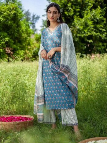 Blue Printed Cotton Straight Kurta With Dupatta