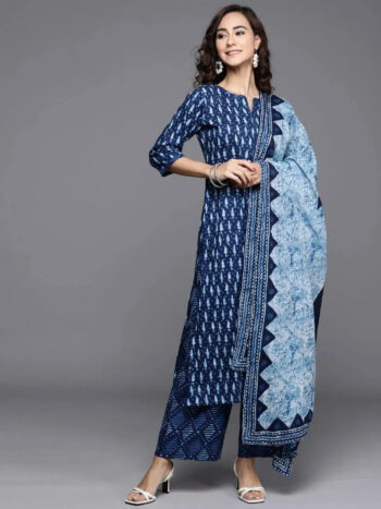Blue Printed Cotton Straight Kurta With Dupatta