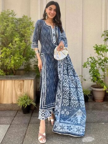 Blue Printed Cotton Straight Kurta With Dupatta
